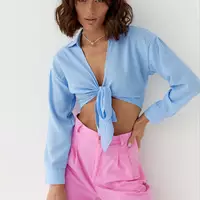 Женская укороченная блуза на запах - голубой цвет, L (есть размеры)